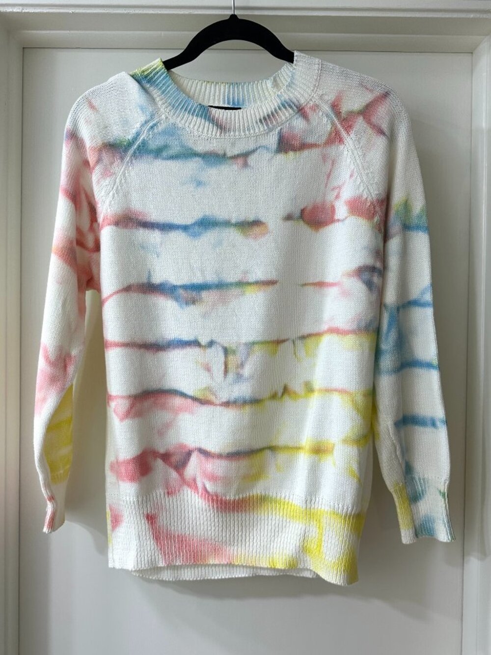 Line the Label White Rainbow Watercolor Tie Dye Cotton Sweater, Size Small